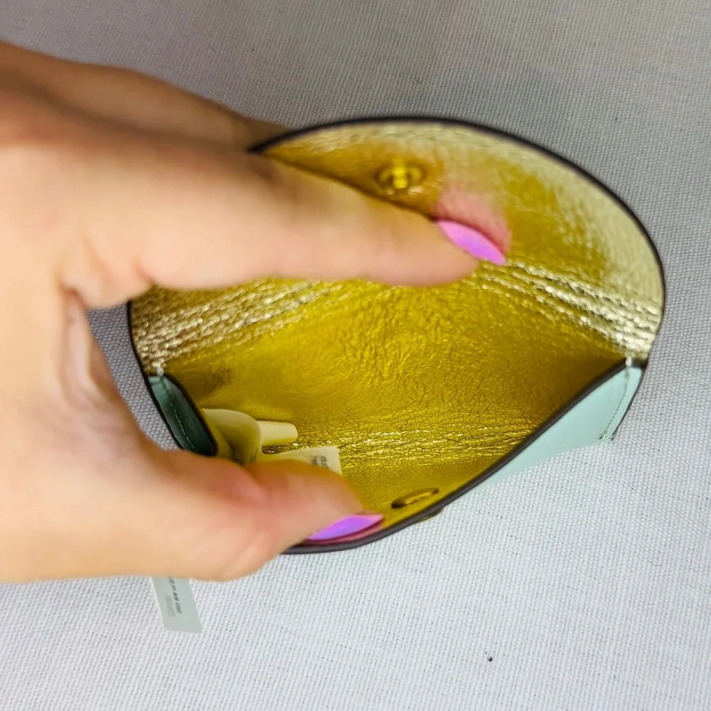 J.Crew Mint Green Leather Envelope Card Case Wallet Gold Snap New
